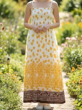 Roxy Yellow White Floral Smocked Maxi Dress Spaghetti Strap Boho S/P